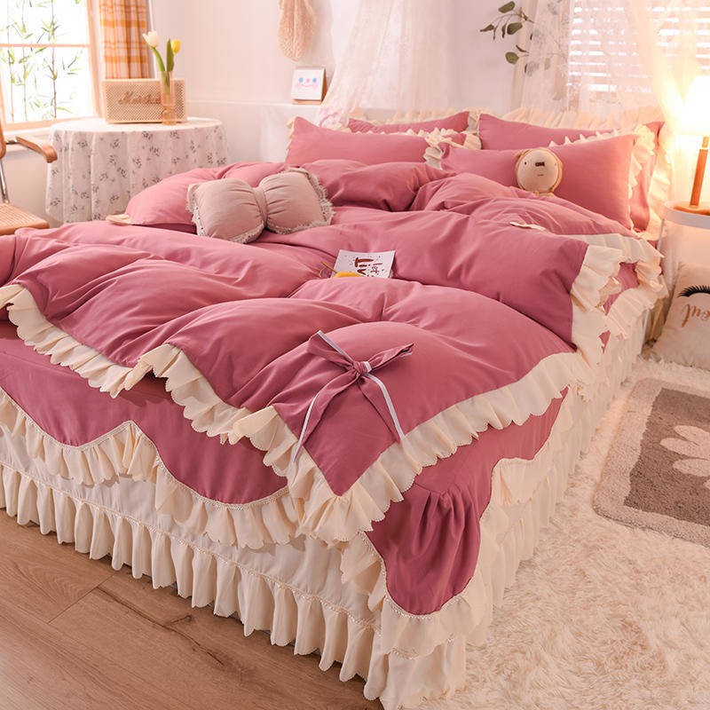 Váy ngủ bốn mảnh mài giường đơn Girl Girl Heart Công chúa Hàn Quốc Gió trùm đầu Red Red Solid Color Bed