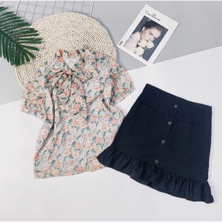 Áo hoa 2 lớp cổ nơ