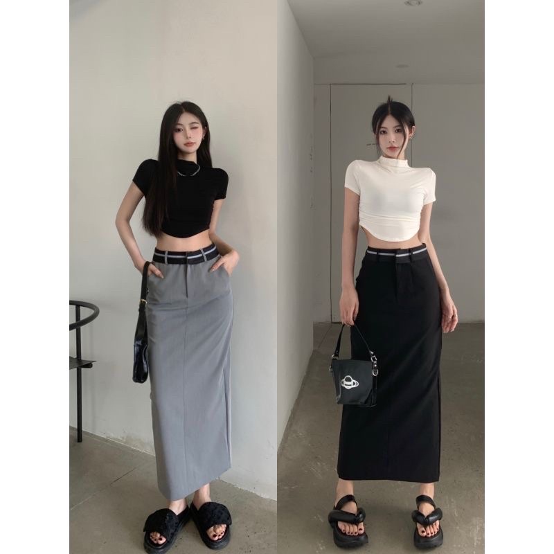 ( ORDER ) Set Áo Cổ Cao Croptop & Chân Váy Suông Dáng Dài Phối Sọc Eo