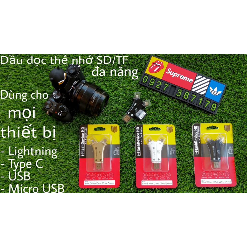 Đầu đọc thẻ nhớ 4 in 1 - Dùng cho mọi thiết bị - 4 cổng : Lightning - Type C - Micro USB - USB - Đầu đọc thẻ nhớ SD/TF