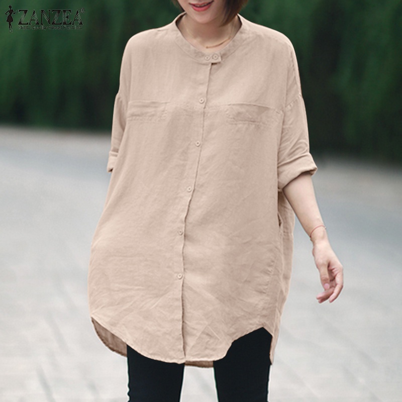 Áo kiểu ZANZEA cổ tròn hàng nút gài phía trước tay áo ba phần tư thời trang cho nữ
