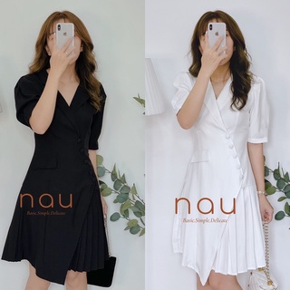 Đầm cổ vest nút bọc phối xếp li