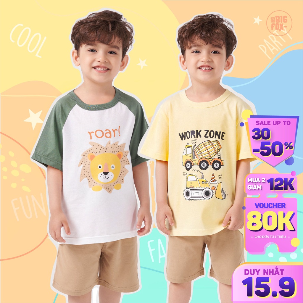 Áo cotton cho bé trai BIGFOX - MISS MEOW mặc màu hè họa tiết khủng long set 6 màu size trẻ em 3,4,5,6,7,8 tuổi
