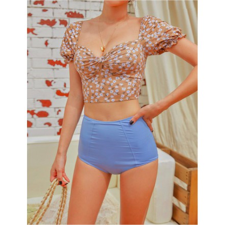 Bikini áo cổ vuông hoa nhí quần cạp cao Quảng Châu