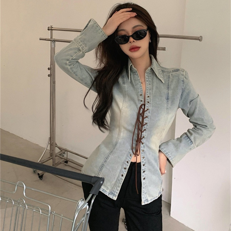 Áo Sơ Mi Denim Tay Dài Thắt Dây Chéo Phong Cách Cổ Điển Thời Trang Cho Nữ