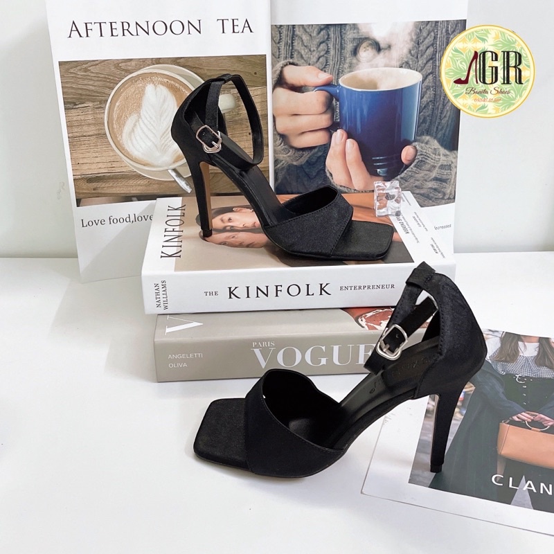 Sandal quai ngang trơn satin gót nhọn 9p ( hàng đẹp)