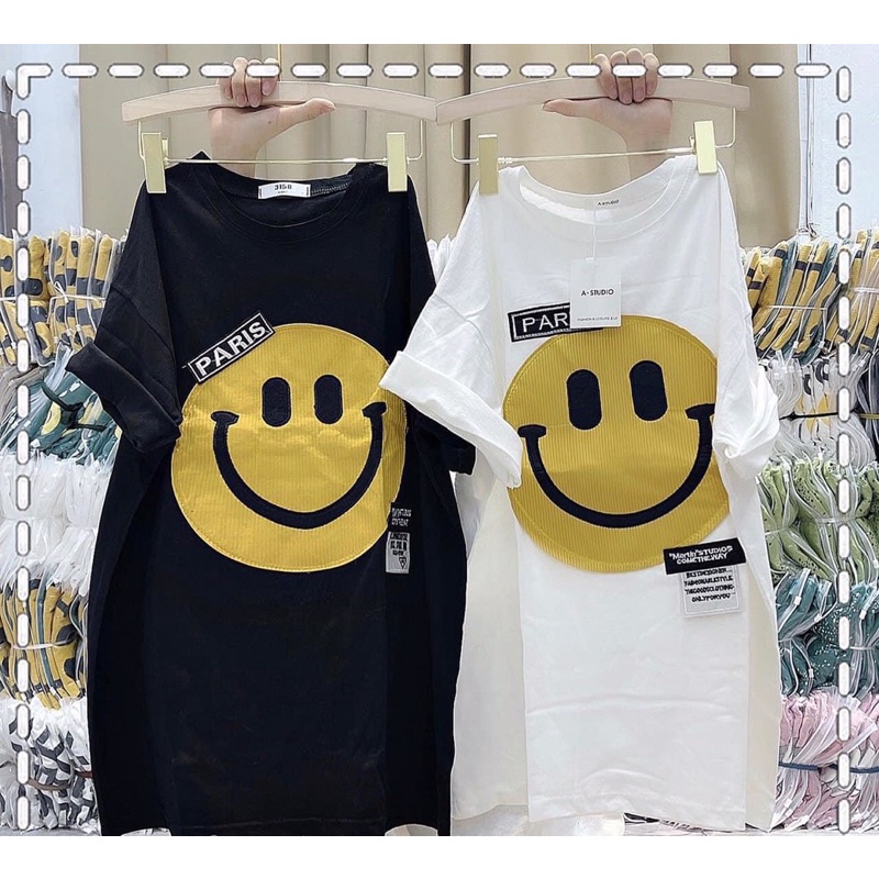 Áo thun phông 3158 hình mặt cười thêu to Paris Nam Nữ tay lỡ form to rộng Basic Cotton Khô Quảng Châu Loại 1