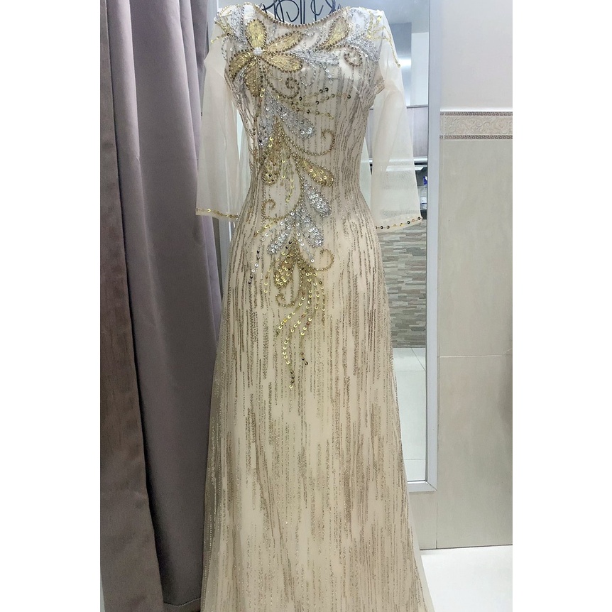 ÁO DÀI DỰ TIỆC KIM TUYẾN 4 TÀ MÀU KEM-ẢNH THẬT 100%