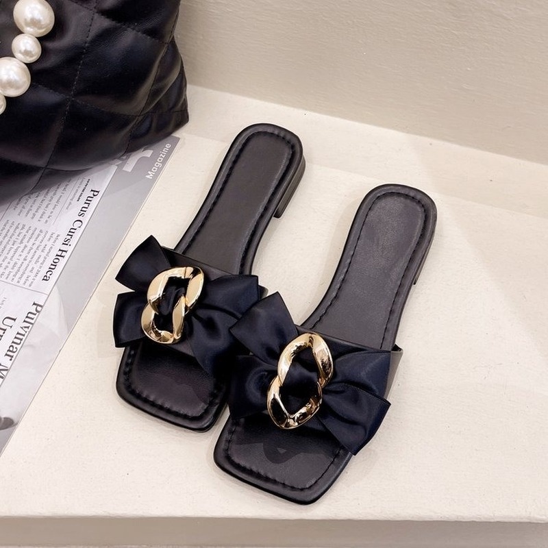 Big Size 35-43 Dép Sandal Nữ Da Đế Bệt Trang Trí Nơ Kim Loại Thời Trang Mùa Hè Cho