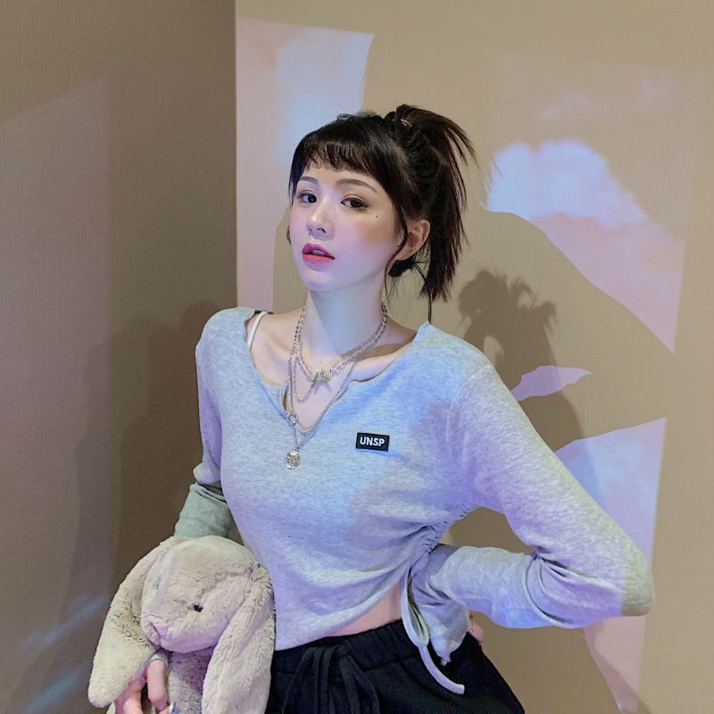 Áo Thun Dài Tay Cổ Chữ V Thiết Kế Dây Rút Phong Cách Phương Tây Mới Cho Nữ