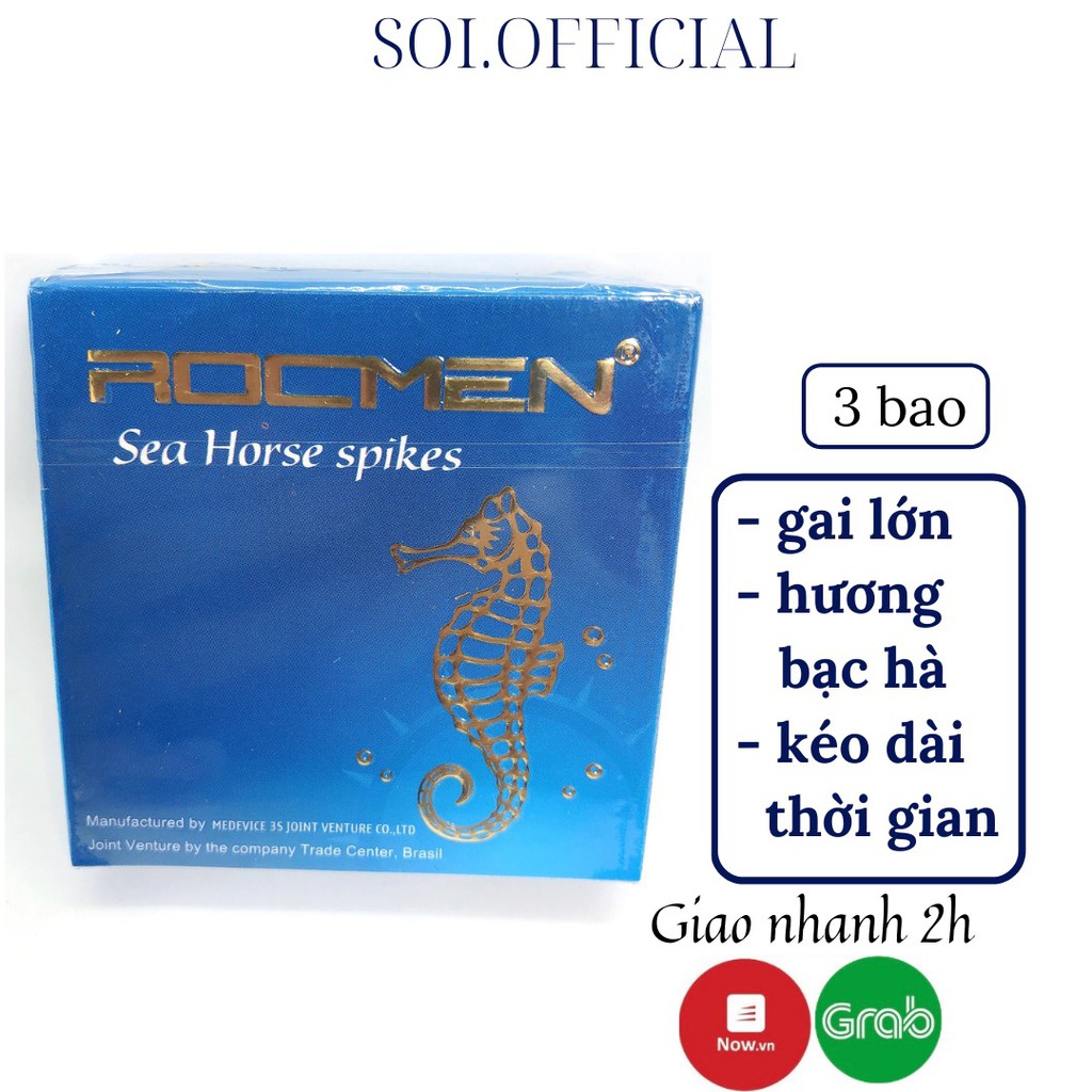 Bao cao su Rocmen xanh cá ngựa bcs gai bạc hà the mát 3 cái SOI.official