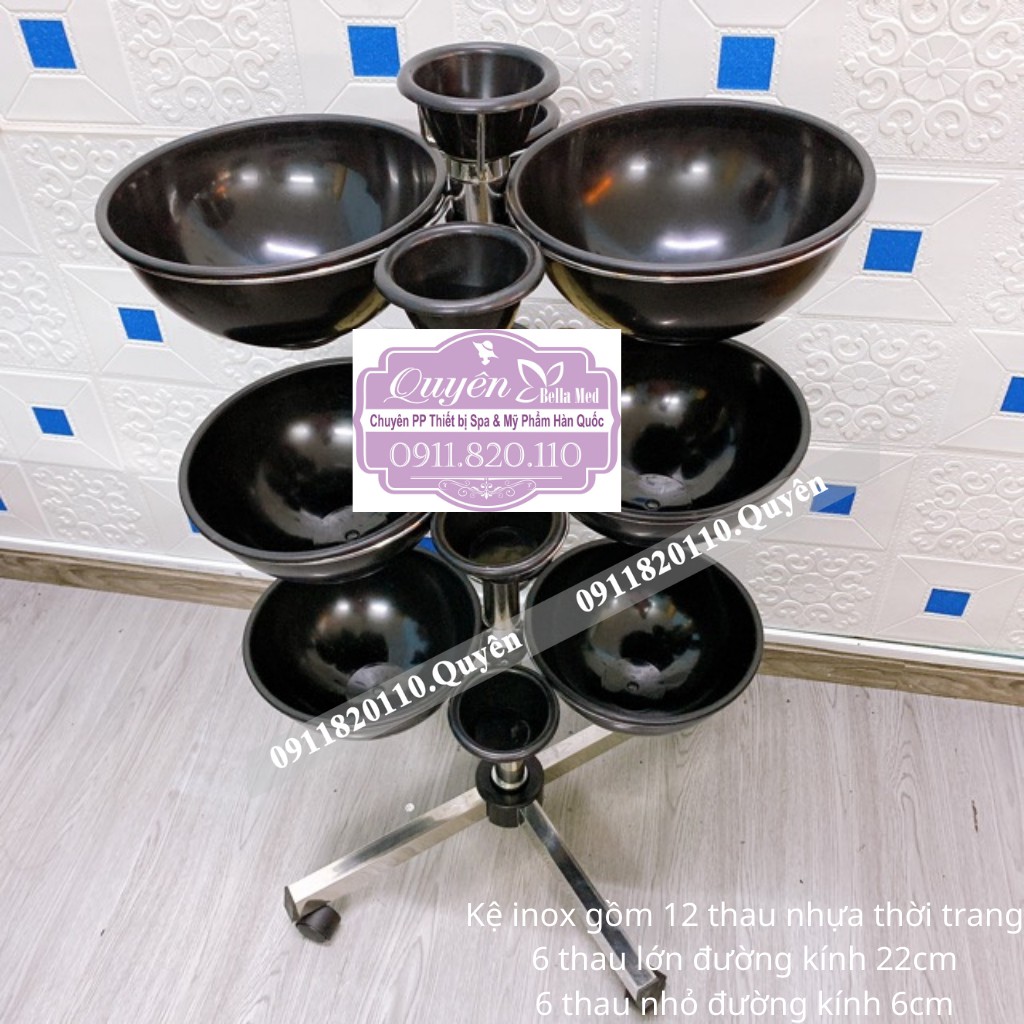 Kệ inox chuyên dụng dành cho spa, sản phẩm kệ inox kèm 6 thau inox, sản phẩm kệ inox kèm 12 thau nhựa thời trang