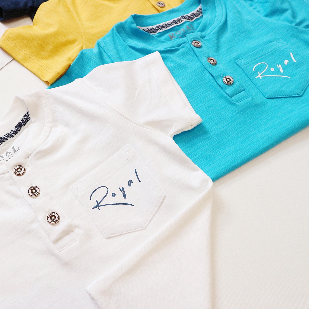 Áo thun cộc tay cổ trụ cho bé trai chất 100% cotton cao cấp in logo trên túi áo cho bé trai từ 7 25kg