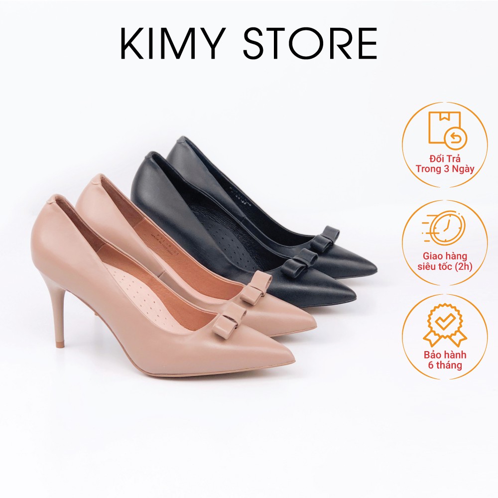 Giày cao gót nữ 7p da bò Ý, giày công sở gót cao 7p mũi nơ - Hàng VNXK - Kimy Store