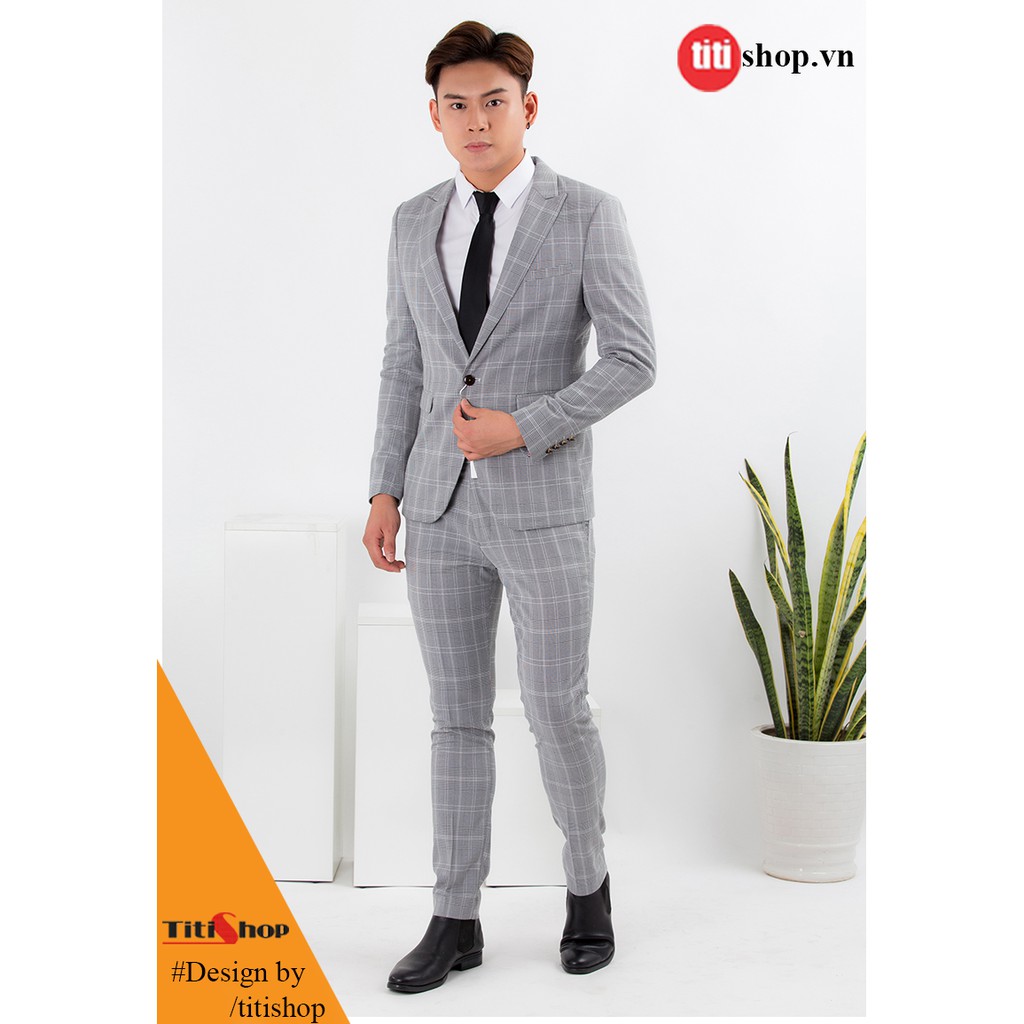 Bộ vest nam Titishop AVN200 Caro xám (có bán rời)
