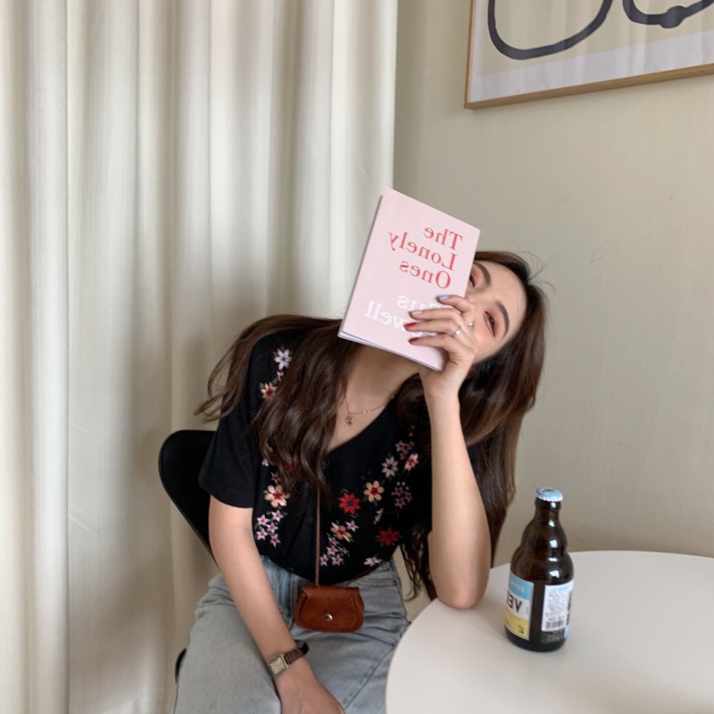 Áo cardigan ZHELIHANGFEI dệt kim tay ngắn dáng rộng thêu hoa dễ thương thời trang