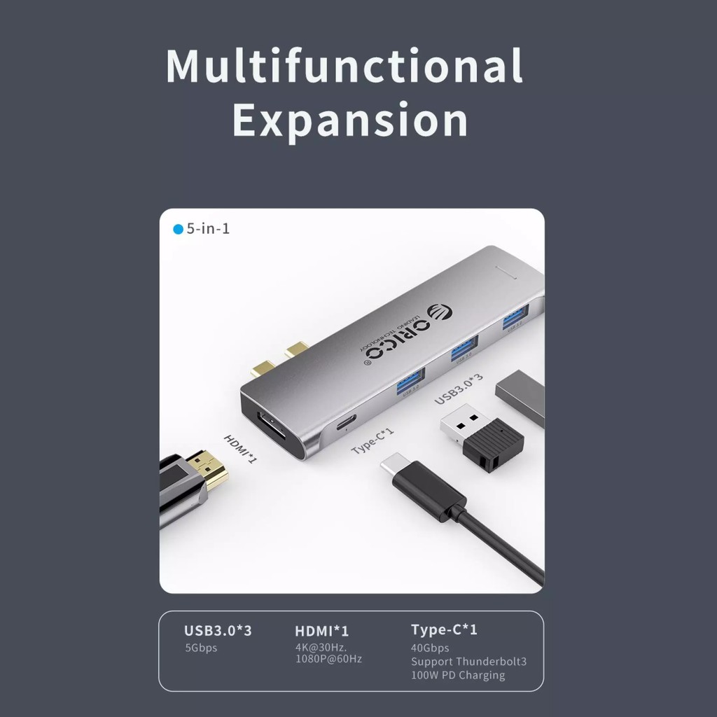 Bộ Hub chuyển đổi chia cổng 5 trong 1 Orico USB type C kép sang HDMI USB 3.0 dành cho Macbook Pro