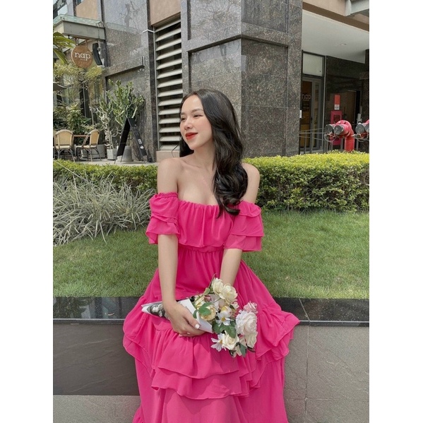 Đầm maxi hồng đi biển bèo kèm ảnh sàn