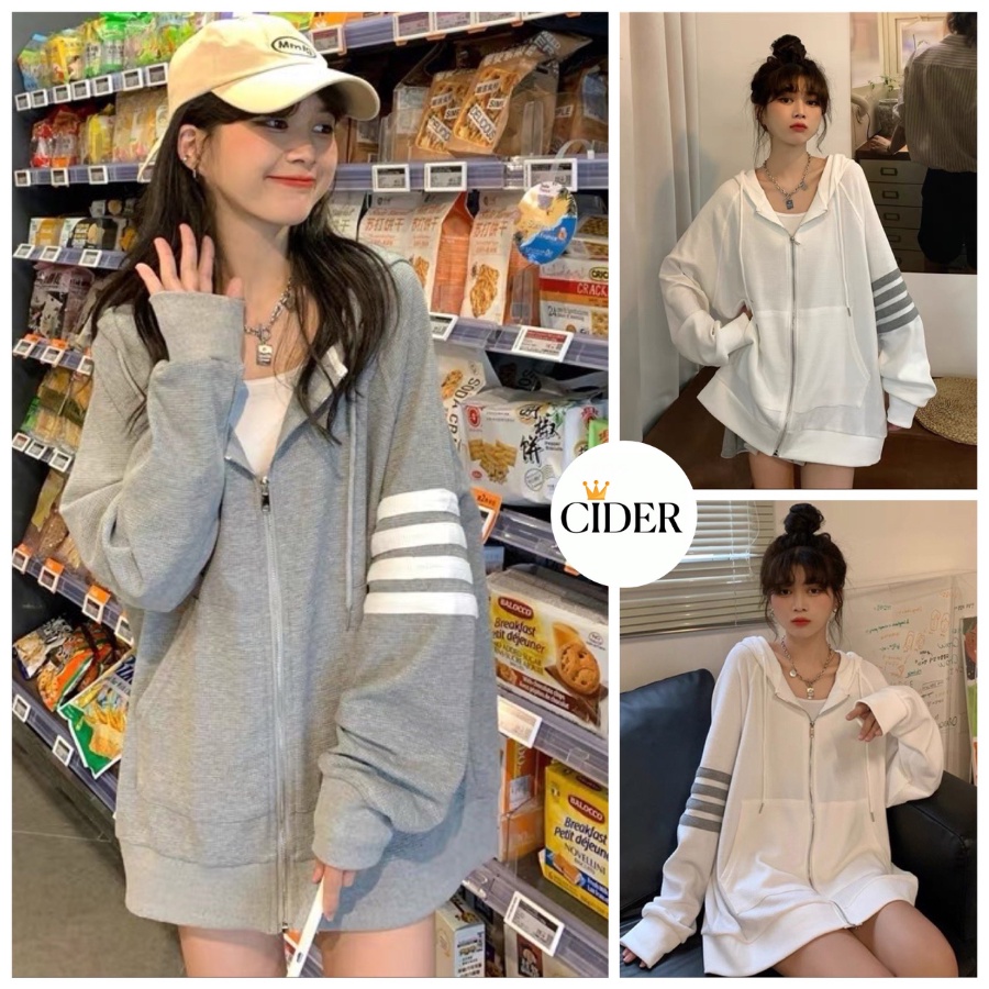 Áo Khoác Cardigan Hoodie Khoá Kéo Mũ Xám Đen Sọc Ngang