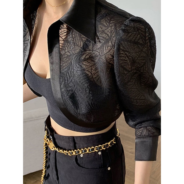 Women Lace Blouse Elegant Sexy Crop Cardigan Blouses Long Sleeve Shirt Black Korean Fashion Tops