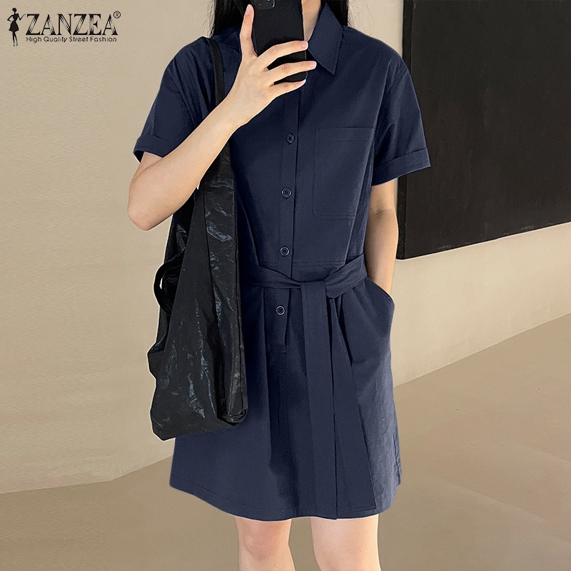 Zanzea Đầm Mini Ngắn Tay Phối Thắt Lưng Tháo Rời Được Phong Cách Công Sở Thời Trang Thường Ngày Cho