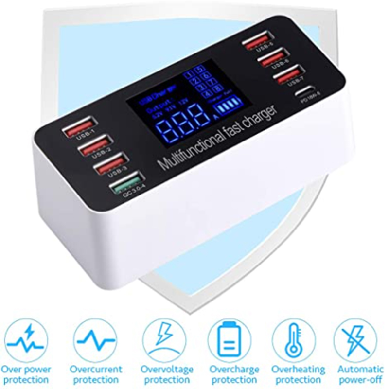 【Hàng giao ngay】Nhiều bộ sạc USB, cổng sạc nhanh USB 3.0, 8 cổng cho màn hình LCD điện thoại thông minh Type-C