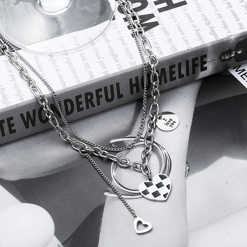 Vòng cổ hai lớp 17KM phối mặt hình trái tim họa tiết kẻ ô trắng đen kiểu retro dành cho nữ
