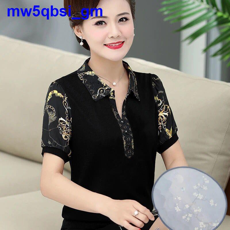 Quần áo mùa thu của phụ nữ trung niên và cao tuổi có ve mới t-shirt tulle Tay dưới cùng sơ mi cộng với kích thướ