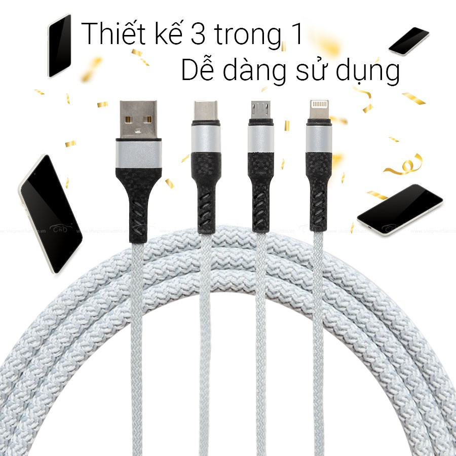 Cáp Sạc Điện Thoại 3 Đầu Lightning/Micro USB/Type C CIND WF-724 120cm Màu Vàng - Nhập Khẩu Chính Hãng