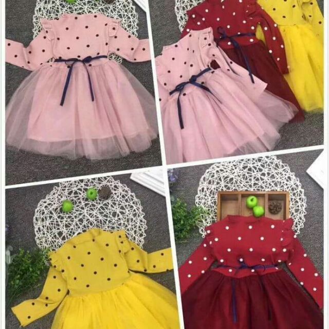 Com bo 2 đầm thu đông chấm bi