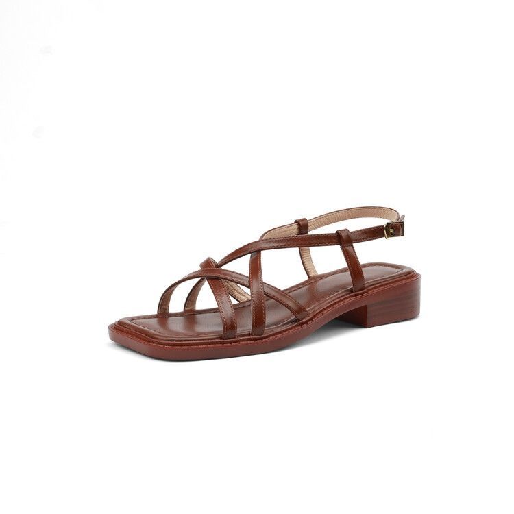 Giày Sandal Gót Dày Hở Ngón Quai Da Mềm Màu Nâu Phong Cách Retro Pháp Thời Trang Mùa Hè Cho Nữ