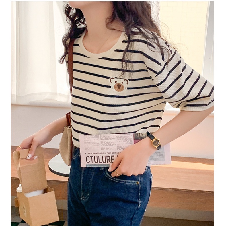 Áo thun Peppermint tay ngắn dáng rộng kẻ sọc ngang in hình gấu hoạt hình dễ thương thời trang mùa hè cho nữ 52720