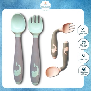 Set thìa dĩa uốn cong 360 độ kèm hộp cho bé tập ăn