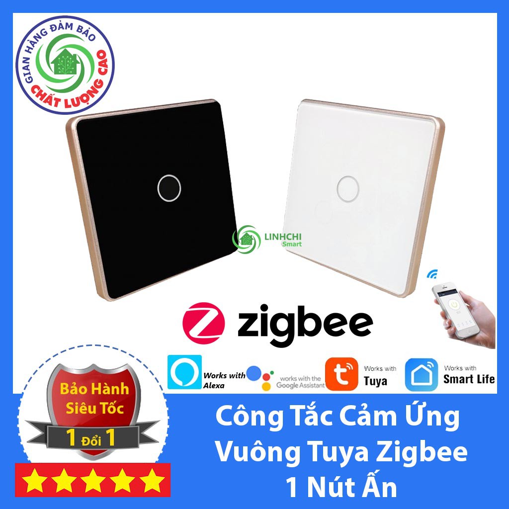 Công Tắc Cảm Ứng Điều Khiển Từ Xa TUYA ZIGBEE 1 Nút Ấn Vuông Viền Vàng Mặt Kính Cảm Ứng