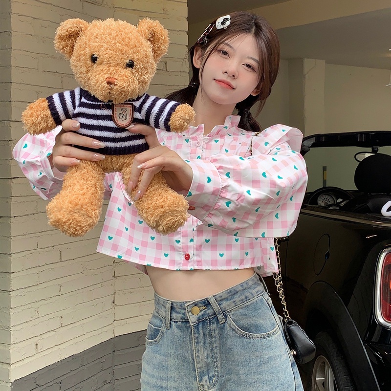 Áo sơ mi SUXI dáng ngắn tay dài in họa tiết vintage ngọt ngào cho nữ