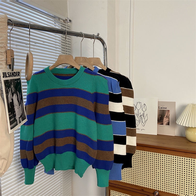 Áo Sweater Dệt Kim Tay Dài Ôm Dáng Họa Tiết Kẻ Sọc Màu Sắc Tương Phản Thời Trang Thu Đông Hàn Quốc Chất Lượng Cao