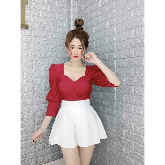 Áo kiểu nữ croptop cup ngực cổ tim tay phồng có lót mút ngực