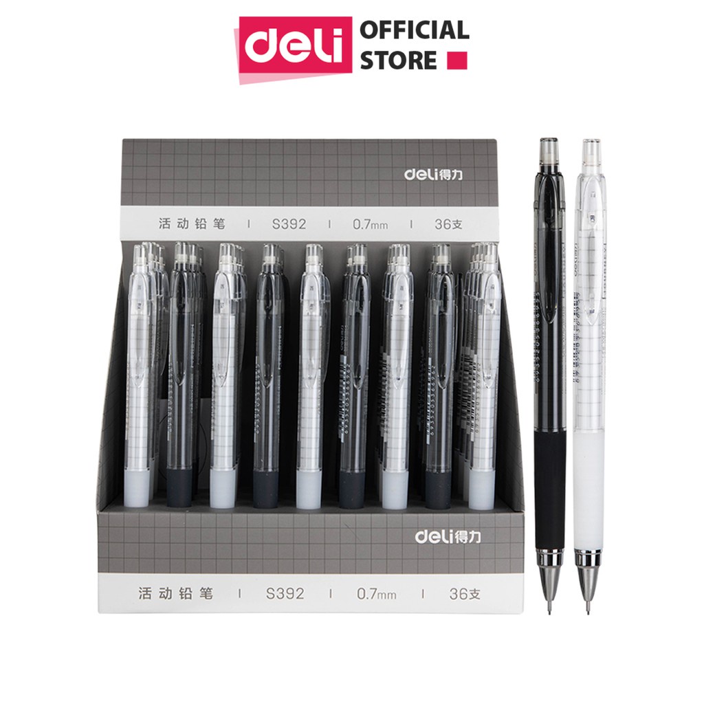 Bút chì kim bấm học sinh Deli - ngòi 0.5mm/0.7mm màu đen/trắng có đệm bảo vệ tay khi cầm dùng cho văn phòng, nhà trường