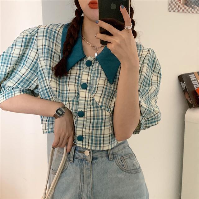 Áo Sơ Mi Tay Ngắn Phồng Cổ Búp Bê Họa Tiết Kẻ Sọc Thời Trang Mùa Hè 2022 Mới Phong Cách Hàn Quốc Cho Nữ