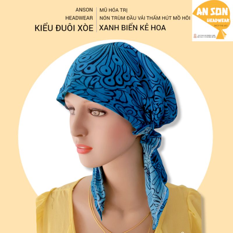 Nón hóa tri. vải mềm dành cho bệnh nhân ung thư, mũ hóa tri, chemo hat [KIỂU ĐUÔI XÒE-MÀU XANH BIỂN KẺ HOA]