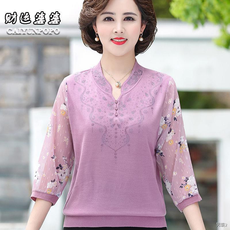 Mom mùa xuân phong cách mới kiểu phương tây sợi dệt kim tay áo T-shirt cho người trung niên và già sơ mi vải voan