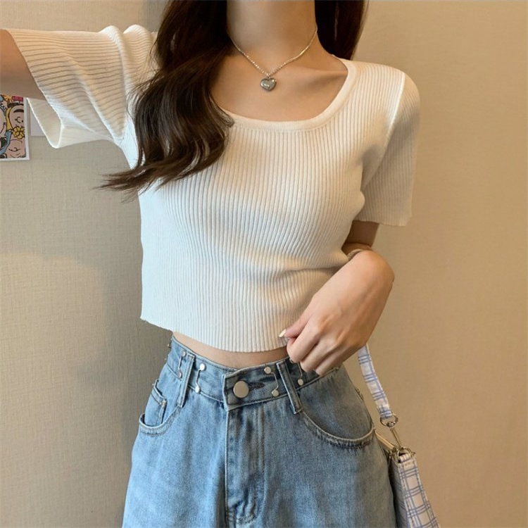 Áo thun Croptop Dệt Kim Tay Ngắn Cổ Vuông Phong Cách Hàn Quốc Thời Trang Cho Áo phông Nữ NZ-TX-251