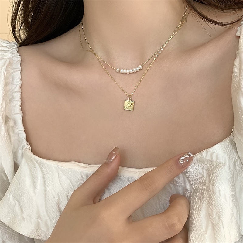 Dây Chuyền Hai Lớp Mặt Hoa Hồng Đính Ngọc Trai Thời Trang Dành Cho Nữ