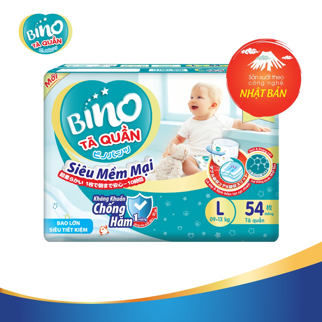 [Mã BMBAU50 giảm 7% đơn 99K] Tã quần Bino L54 (9-13kg) - Công nghệ Nhật Bản kháng khuẩn