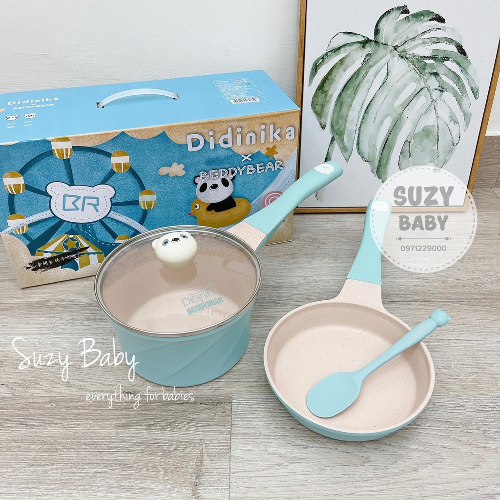 Bộ nồi chảo đá didinika họa tiết gấu nấu ăn dặm cho bé