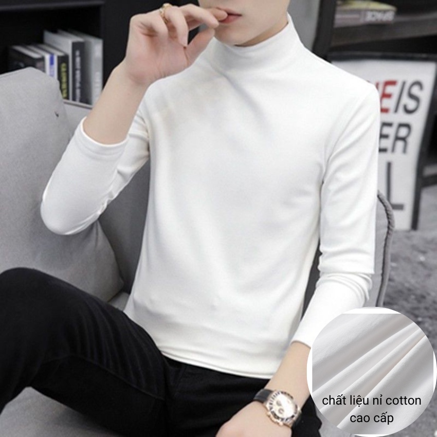 Áo giữ nhiệt nam cổ cao CUNA áo thun giữ nhiệt nam tay dài lót nỉ thun co giãn trơn 3 phân cổ lọ body thể thao thu đông