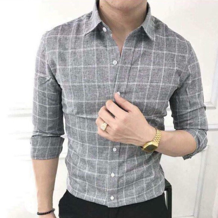 Áo sơ mi nam dài tay chất đũi màu Xám Kẻ Ca Rô chuẩn thiết kế Hàn Quốc from slim