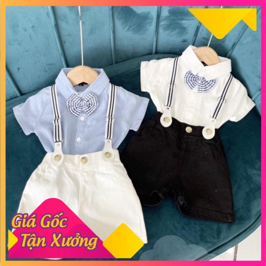 Hàng Siệu Xịn - Bộ yếm bé trai 4 chi tiết gồm Áo sơ mi quần kaki dây đai và nơ cổ