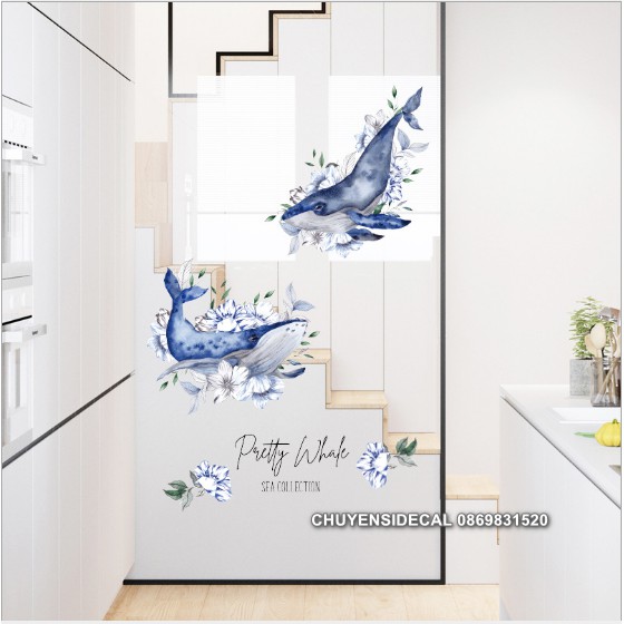 Decal trang trí tường - Cá Voi Xanh Hoa Cổ điển