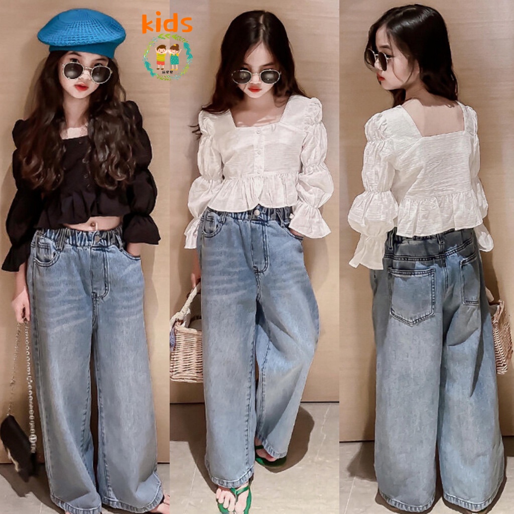 Quần Denim Ống Rộng Lưng Cao Phong Cách Mới Cho Bé Gái 3-5 - 8-10 - 12-13 Tuổi Nặng 18-55KG